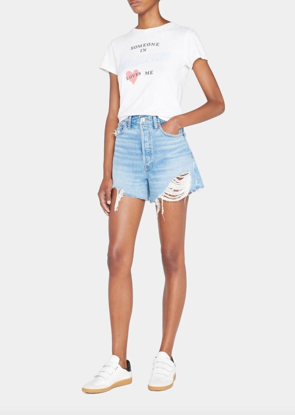 NWT RE/DONE 90s Low Slung Denim Shorts Size 28 Aged Indigo Destroy High Rise